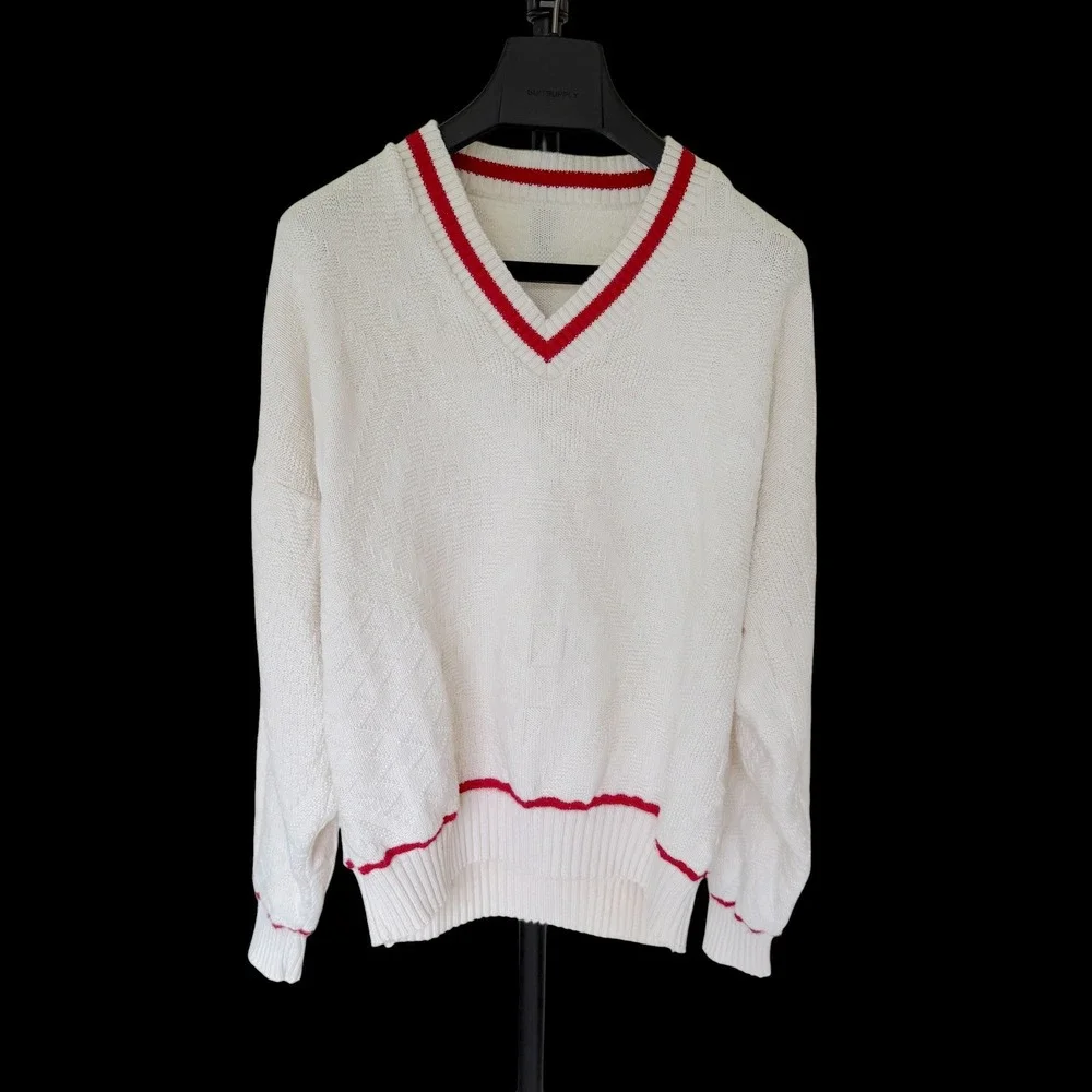 Vintage 80's V-Neck Cotton Knit Sweater Cream Red Stripe Varsity Made in USA XL